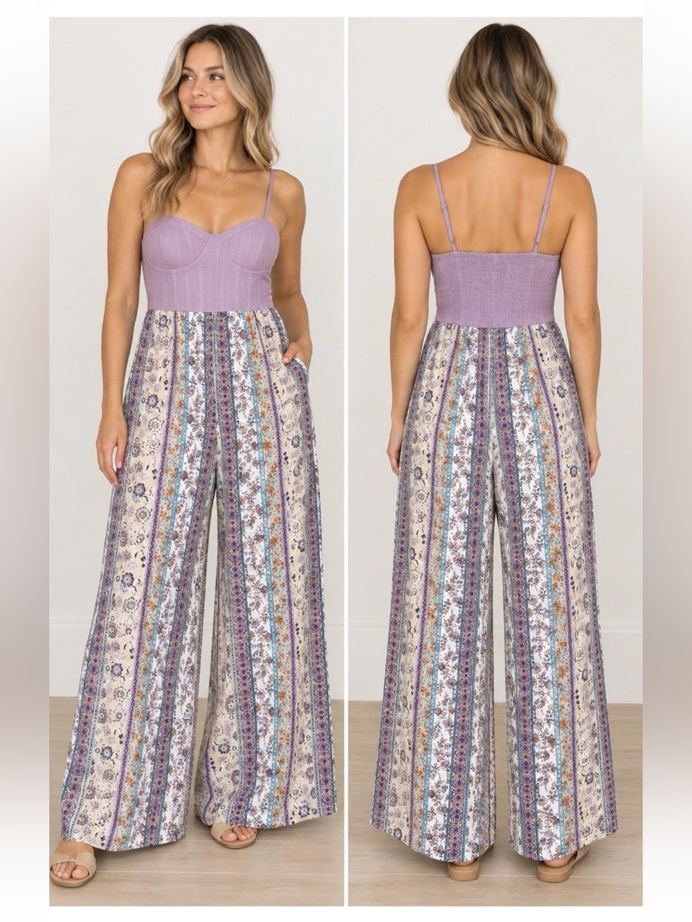 B.O.G Collective Womens Purple Floral Bustier Wide Leg Jumpsuit Size M Boho